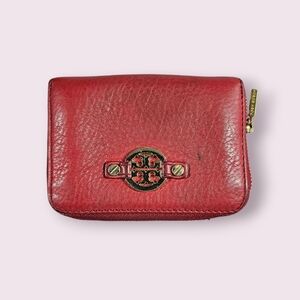 Tory Burch Cherry Red Grain Leather‎ Gold Front Logo Mini Wallet